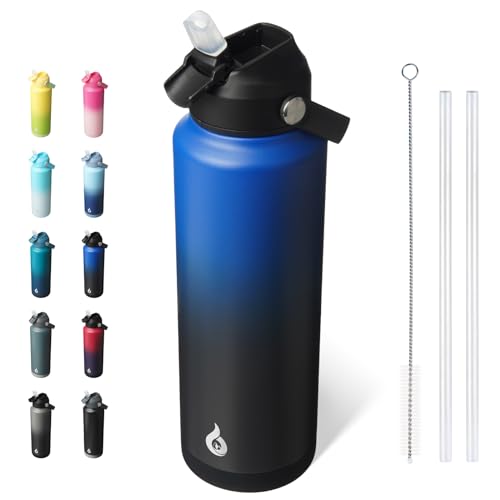 BJPKPK 40oz Insulated Water Bottle, Stainless Steel Bottle with Straw Lid - color: Black Blue, size: 40 Ounces