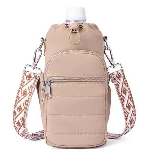 Water Bottle Bag 40 oz Crossbody Holder for Walking Hiking Insulated Carrier Purse with Adjustable Strap - color: Khaki