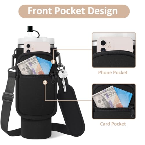 AceTreker Water Bottle Carrier Bag with Strap for Stanley 40/30 oz Tumbler Neoprene Insulated Cup Holder Sleeve with Phone Pocket & Straw Cover for Stanley Cup Accessories - color: 01-Black, style: 40 Oz
