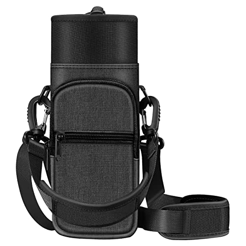 CaseBot Water Bottle Carrier Bag Sling Case, Sports Water Bottle Pouch Holder Sleeve with Adjustable Shoulder Hand Strap and 2 Pockets for Men Women Hiking Camping Travelling - color: Black