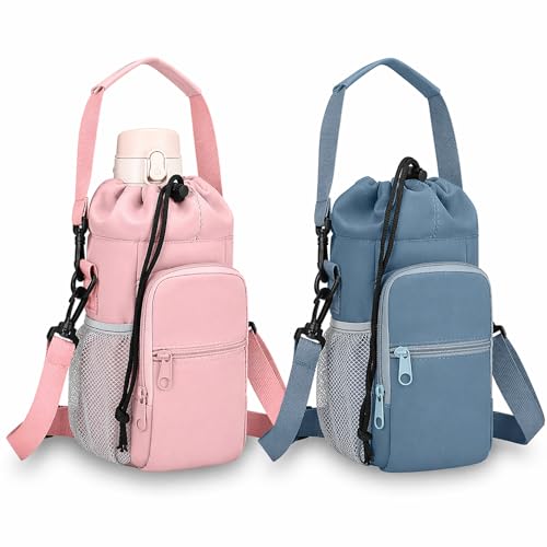 2 Pack Water Bottle Holder Bag with Strap for 30-40 Oz Bottles - color: blue and pink