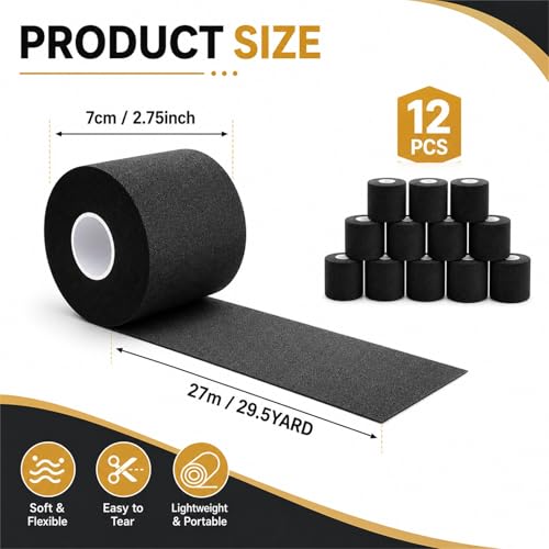 12 Pcs Foam Pre Wrap Athletic Tape 2.75" x 30 Yards Black Breathable PU Foam Sports Wraps for Running, Hiking, Hair Protection, Ankle, Wrist & Knee Support Lightweight Pre Wrap Tape