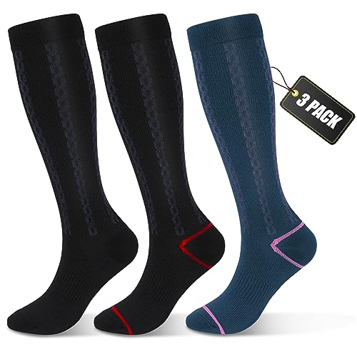 FULLSOFT Medical Graduated 30-40mmHg Compression Socks for Women&Men Circulation Knee High Socks Hiking Running Stockings - color: 00-3 Pack-black/Navy Blue/Stripes Black, size: Large-X-Large