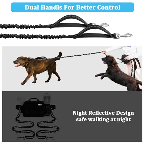 ETACCU Hands Free Dog Leash with Zipper Pouch, Waist Belt for Large Medium 2 Dogs for Running, Walking, Jogging and Hiking, Dual Padded Handles and Durable Bungee - Black (2 Dog) - color: 2 Dog Black
