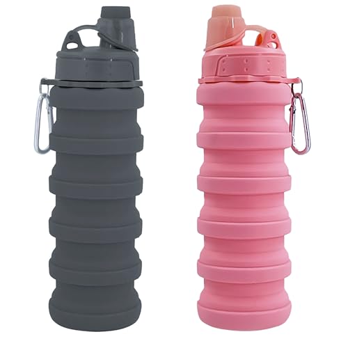Collapsible Water Bottles Travel water bottle Sports Portable Sport Water Bottle Reusable Water Bottles comes with mountaineering Buckle 500ml silicone Water-proof camping water bottle - color: Pink+Grey, style: 2 pack