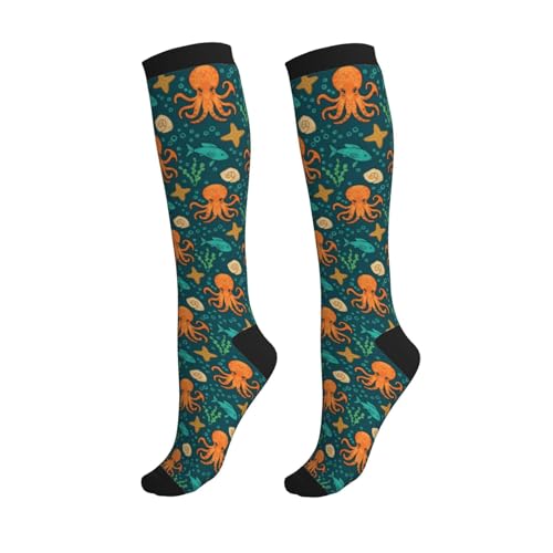 Patterned Knee High Socks for Women Men Athletic Running Travel Work - color: Ocean Octopus Marine