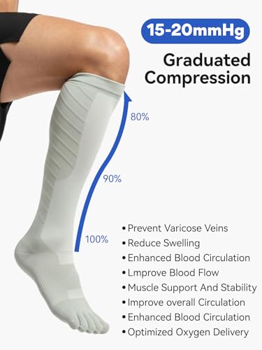 Compression Toe Socks for Men and Women 15-20mmHg, 3 Pairs, Knee High Five Finger Stockings - color: 04-beige-3pcs, size: Small