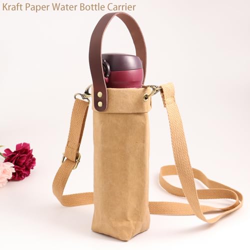 Water Bottle Carrier with Strap,Washed kraft Paper Water Cup Sleeve for 17/20oz Insulated Water Bottle,for Walking Hiking Camping Gym - color: Khaki-11.8inches high
