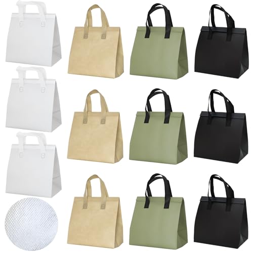 12Pcs Insulated Take Away Bags Disposable Cooler Bag Thermal Lunch Grocery Take Out Bags for Coffee Milk Tea Hot Cold Drink Fresh Food Delivery - color: Black, White, Brown, Matcha, size: 9.45"(H) x 9.45"(L) x 5.91"(W)