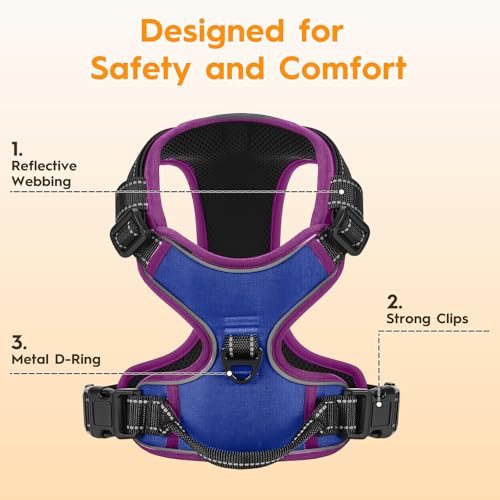No Pull Dog Harness, No-Choke Soft Padded Reflective Dog Vest Harness with Front Clip & Top Handle, 2 Quick-Release Buckles, Adjustable for Small Medium Large Dogs - color: Blue/Purple, size: X-Small