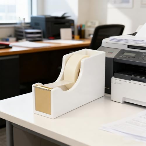 Acrylic Tape Dispenser with 1 Roll Tape, White Tape Dispenser Non-Slip Base Sleek Desktop Tape Cutter for Office & Home Acrylic Desk Accessories