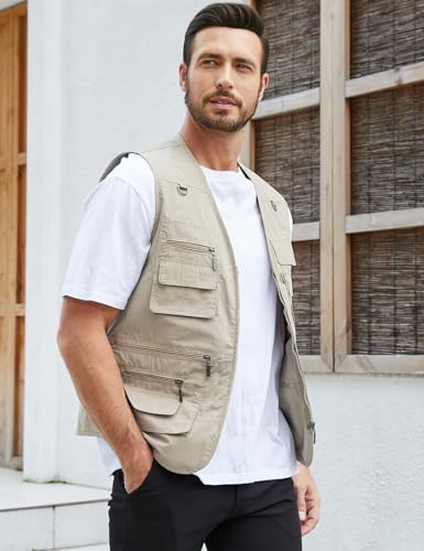 Gihuo Men's Fishing Vest Utility Safari Travel Vests with Multi Pockets - color: Beige, size: Small