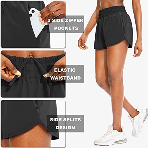 SANTINY Women's Athletic Running Shorts with Zipper Pockets - color: Black, size: XX-Large