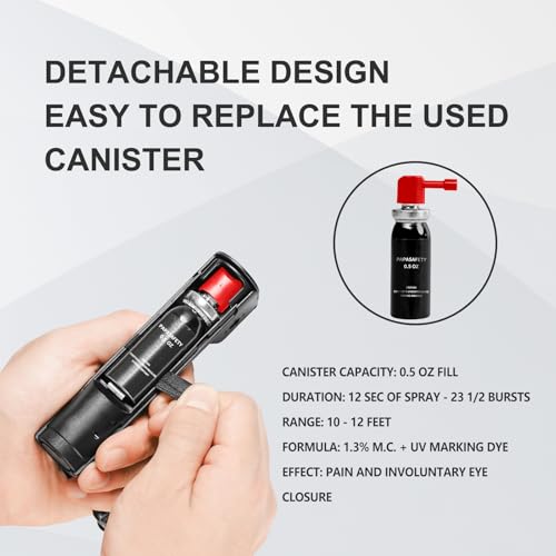 3-in-1 Personal Safety Alarm and Pepper Spray Combo for Women - Max Strength Pepper Gel & 130 dB Siren & Strobe Lights, Flip-top Safety Cap & UV Marking DYE, Spray Canister Replaceable - color: Black