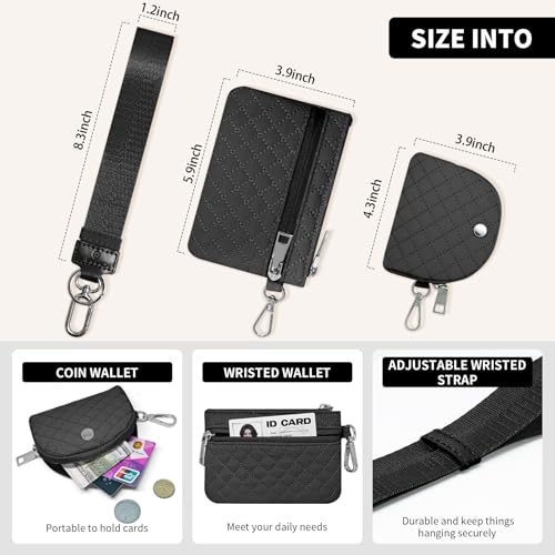 Keychain Wristlet Wallet for Women Zippered Dual Pouch Wristlet Nylon Coin Purse Small Wallet with Key Ring - color: Quilted-black