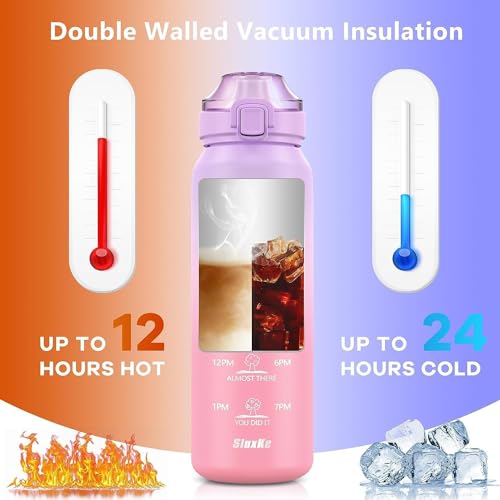 SLUXKE 24oz Insulated Water Bottle 18/10 Stainless Steel with 2Lids(Straw Lid& Spout Lids), 700ml Double Wall Vacuum Water Bottle with Handle Keep Cold and Hot for Men, Women & Kids PURPLE PINK - color: PURPLE PINK, size: 24 Ounces