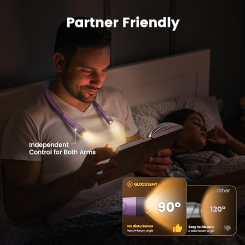 Glocusent Reading Light,LED Neck Light,80-hr Rechargeable Book Light - color: Purple, size: Standard-Medium