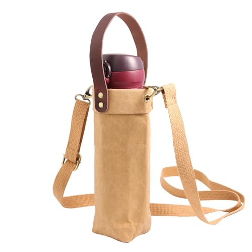 Water Bottle Carrier with Strap,Washed kraft Paper Water Cup Sleeve for 17/20oz Insulated Water Bottle,for Walking Hiking Camping Gym - color: Khaki-11.8inches high