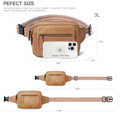 LATMAP 3L TRIPLE ZIP Fanny Packs Belt Bag For Women Men Crossbody Waist Pack Sling Chest Bum Travel Bag Purse Faux Leather Fashion Cute Tan - color: Tan