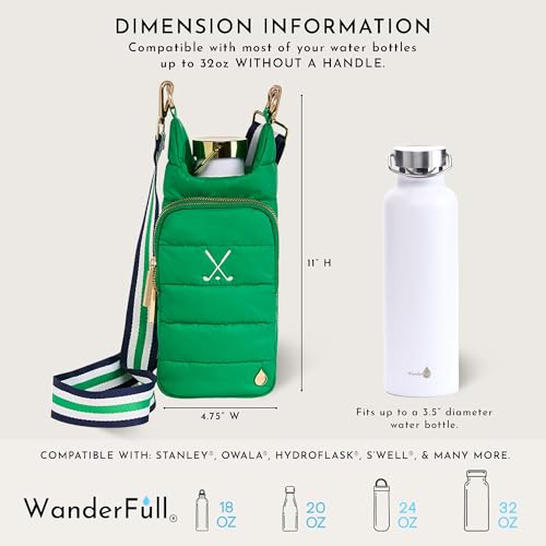 WanderFull® Original HydroBag®, Fits Up to 32 oz Water Bottle Holder with Strap, Gift for Women, Hands-Free Crossbody, Water Bottle Carrier Bag with Phone Pocket - color: Kelly Green Golf Embroidery