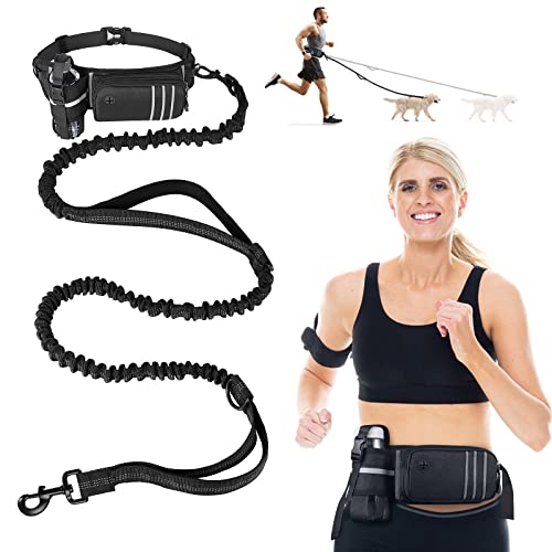 Hands Free Running Dog Leash with Storage Waist Belt, Shock-Absorbing Bungee Lead, Water Bottle Holder & Dual Handles for Walking, Hiking & Training Medium Large Dogs