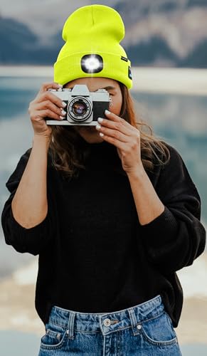 ATNKE LED Lighted Bluetooth Beanie Hat,USB Rechargeable 4 LED Wireless Music Running Headlamp Cap Gift for Men and Women - color: #Fluorescent Yellow