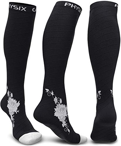 Physix Gear Compression Socks 20-30 mmHg - Men & Women - Running, Nurses, Shin Splints, Flight, Travel - color: Black/Grey Flower, size: Small-Medium