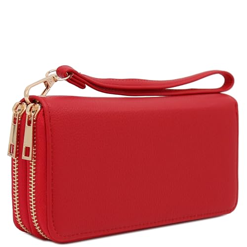 FashionPuzzle Double Zip Around PU Leather Wristlet Cell Phone Wallet - color: Red