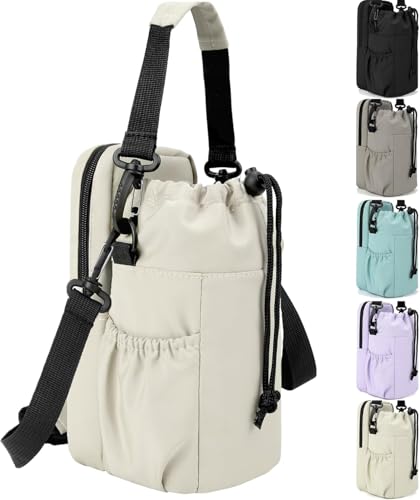 Water Bottle Holder with Strap, 32/40oz Insulation Water Bottle Carrier Bag with Phone Pocket, Water Bottle Sling Bag Crossbody Water Bottle Holder for Hiking Walking - color: Cream