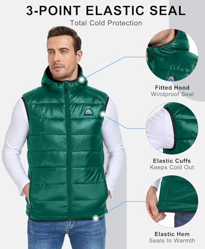 Mapamyumco Men's Hooded Puffer Vest Waterproof Lightweight Quilted - color: Dark Green, size: Medium