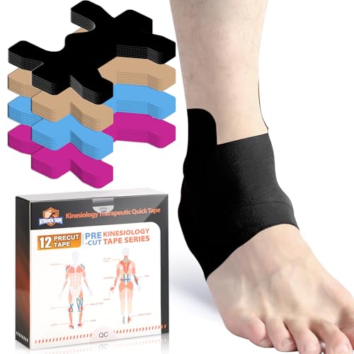 KTQUICK Precut Kinesiology Tape for Ankle,12PCS,20% Stronger Adhesive,Black - color: Black