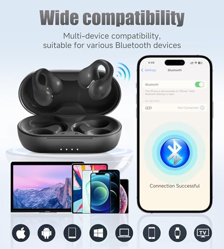 Kinglucky i21 Open Ear Clip On Earbuds Wireless Bluetooth Ear Clip Headphones with Mic,Noise Cancelling, Waterproof IPX4,for Small Ears,Perfect for Running,Sports,Glasses Wearers (Black) - color: Black