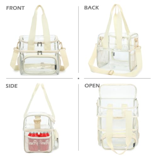 FlowFly Double Layer Cooler Insulated Lunch Bag Adult Lunch Box Large Tote Bag for Men, Women, With Adjustable Strap,Front Pocket and Dual Large Mesh Side Pockets - color: Clear#Biege
