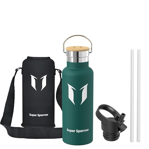 Sparrow Metal Water Bottle with Straw - Insulated Water Bottles Kids 500ml - color: Dark green, size: 16.9 Ounces