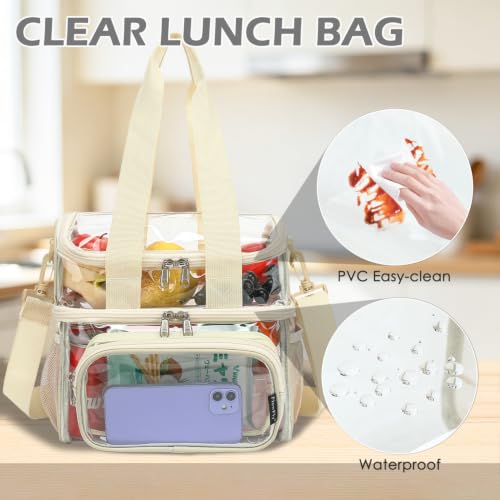 FlowFly Double Layer Cooler Insulated Lunch Bag Adult Lunch Box Large Tote Bag for Men, Women, With Adjustable Strap,Front Pocket and Dual Large Mesh Side Pockets - color: Clear#Biege