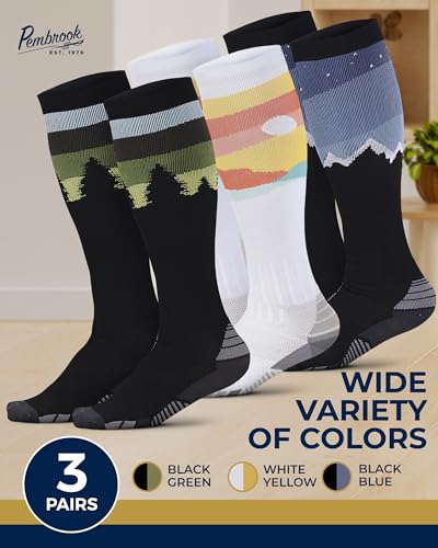 Pembrook 3 Pairs Compression Socks 20-30 mmHg - Compression Socks for Women and Men | Running, Athletic, Travel, Nurses - color: Nature Patterns (Mountains/Trees/Sunset) - 3 Pairs, size: X-Large