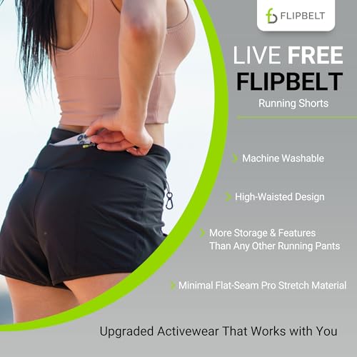FlipBelt Women’s Running Shorts – Built-in FlipBelt Running Belt for Phone/Essentials, Zipper Closure, USA Company