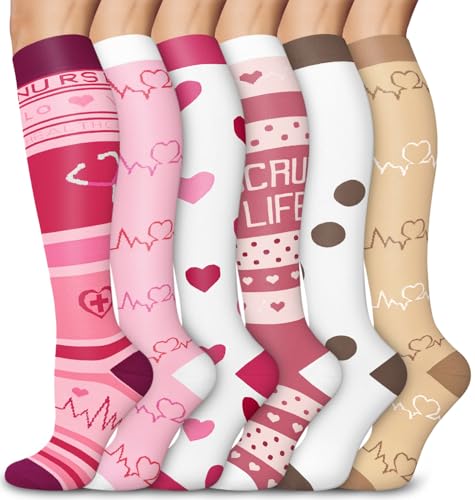 Aoliks 6 Pairs Compression Socks for Women & Nurses, Flying Knee High Socks - color: 02 Pink/Brown, size: Small-Medium