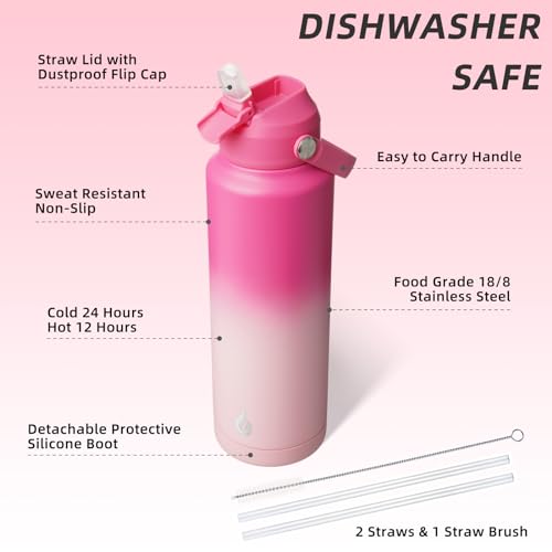 BJPKPK 40oz Insulated Water Bottle, Stainless Steel Bottle with Straw Lid - color: Cherry, size: 40 Ounces