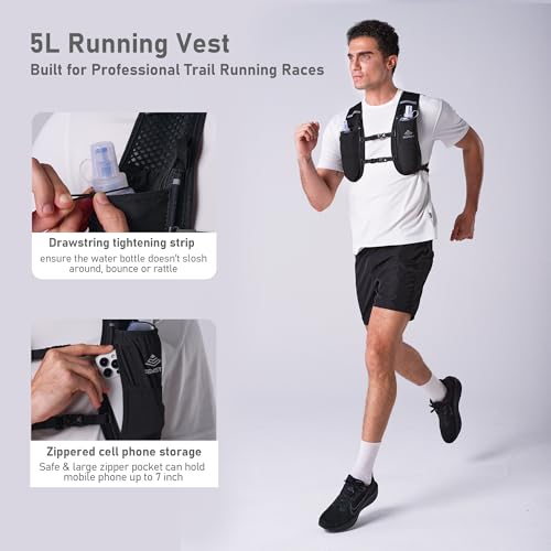 Running Vest for Women Men,5L Hydration Vest with 2*500ml Soft Flask - color: Black