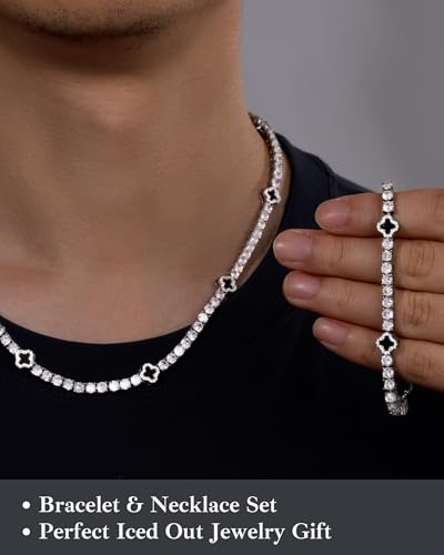 LuxeFlex 4mm Iced Out Four Leaf Tennis Chain,White Gold Plated with 5A Zircon Stones, exquisite Handmade Hip Hop Bling Necklace Perfect Unisex Jewelry Gift - color: White Gold, size: 18 INCH