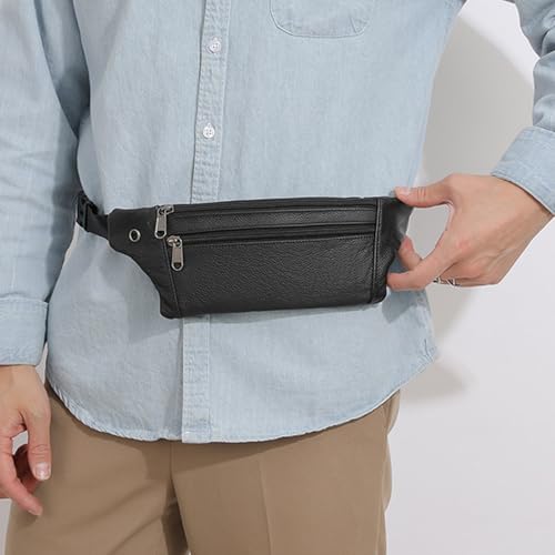 Leather Belt Bag,Black Belt Bag Mens Fanny Pack Crossbody 3-Zipper Pockets Phone Bag Fits All Phones Wallet Keys, Casual Hands-Free Waist Pack For Travel Workout Running Gifts