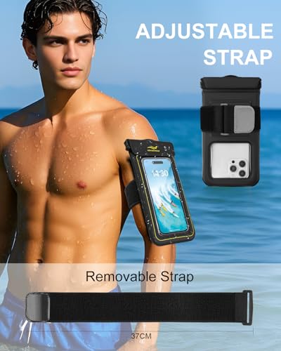 2-in-1 Waterproof Phone Pouch & Phone Armband Floating, Underwater Water Proof Phone Case with Detachable Strap, Waterproof Bags Up to 6.9", Beach Vacation Water Park Essentials Black