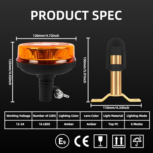 Amber LED Rotating Beacon Light, Flashing Warning Lights 12-24V - size: Beacon Lights+T Shape