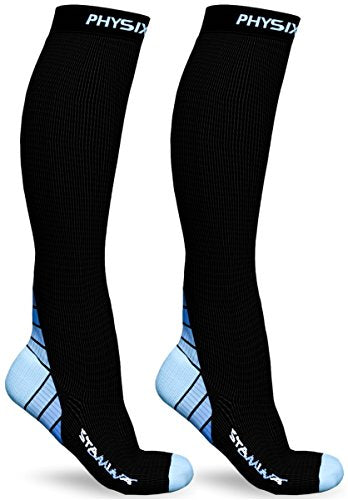 Physix Gear Compression Socks 20-30 mmHg - Men & Women - Running, Nurses, Shin Splints, Flight, Travel - color: Black/Blue, size: Small/Medium