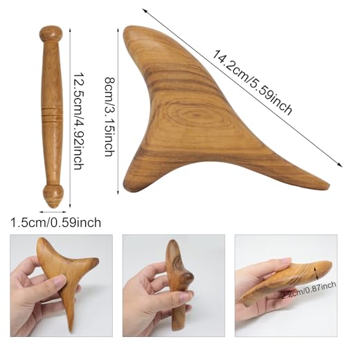Honbay 2PCS Reflexology Tools Wood Body Massager Triangle Gua Sha Board Scraping Board Foot Massage Stick Tool Head Neck Hand Waist Calf Leg Foot Massager (Camphor Wood) - color: Camphor Wood