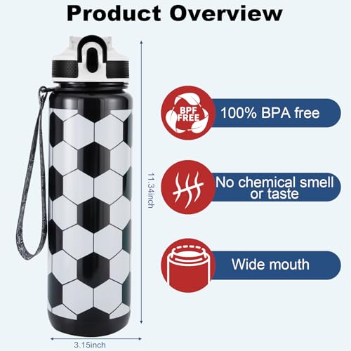 EYQ 32oz Water Bottle with Straw, Sports Bottle with Time Marker - color: soccer