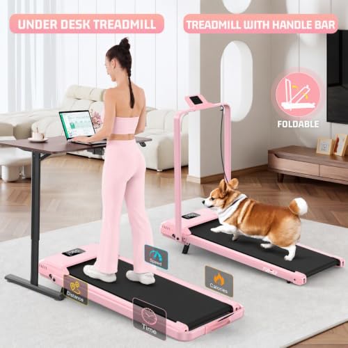 FUNMILY Upgrade Walking Pad Folding Treadmill with 12%/15% Incline & Handle Bar, 3.5HP Foldable Under Desk Compact Treadmills for Home/Office/Gym, 400+lb Capacity, Shock Absorption - color: Best Baby Pink T