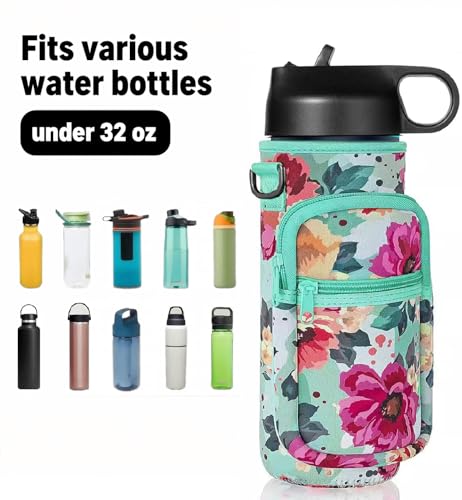 40oz Neoprene Water Bottle Sling with Phone Pocket, Crossbody - color: Flower Green, size: 32oz Short
