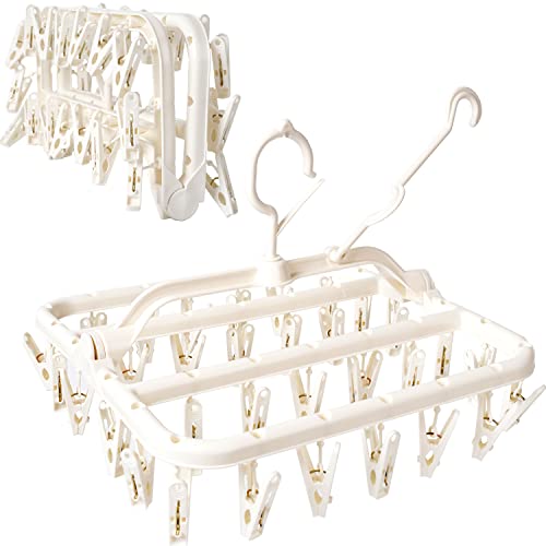 Foshine Foldable Clothes Drying Rack with 32 Drying Clips Wind-Proof Hook - color: White